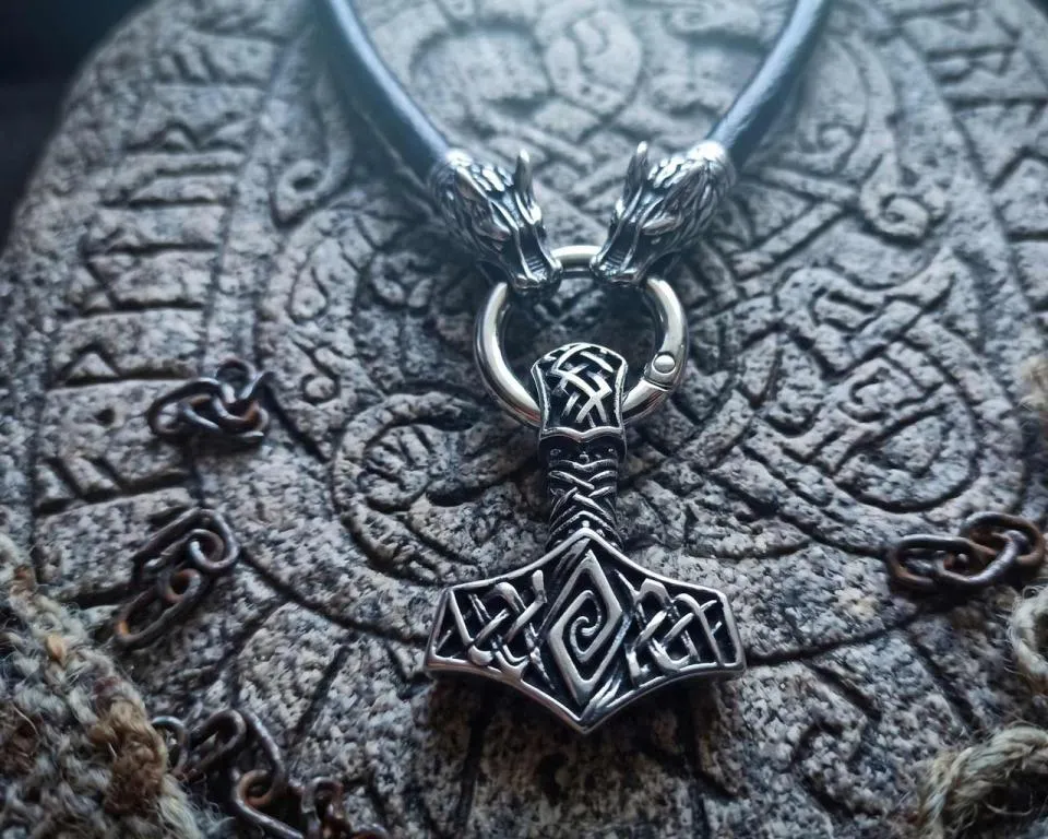 Stainless steel Thor's hammer on Wolf leather chain